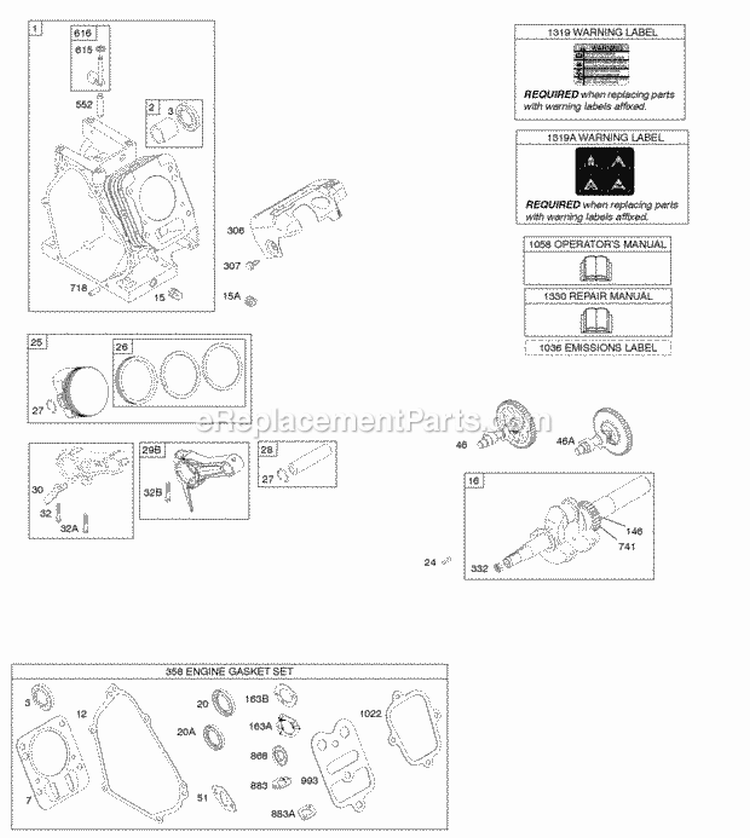 Camshaft Crankshaft Cylinder Piston Group Diagram and Parts List for 127332-0133-B8  Briggs and Stratton Engine